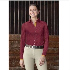 Dover Saddlery Suffolk Equestrian Shirt Women’s SIZE Medium in Red Wine Gold NWT